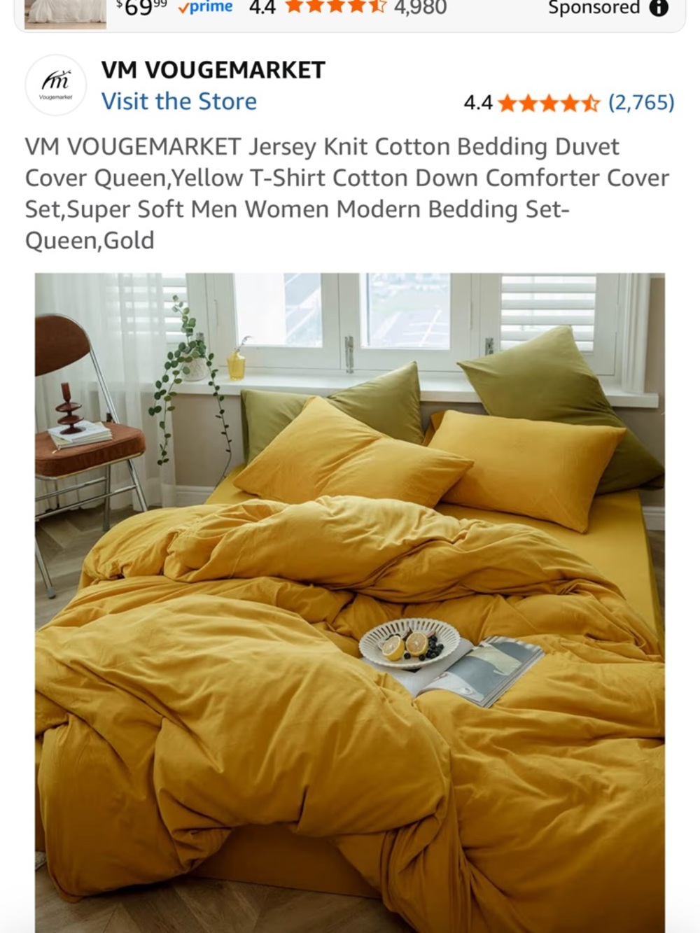 VM Vougemarket Gold Jersey Knit Cotton Duvet Cover Set